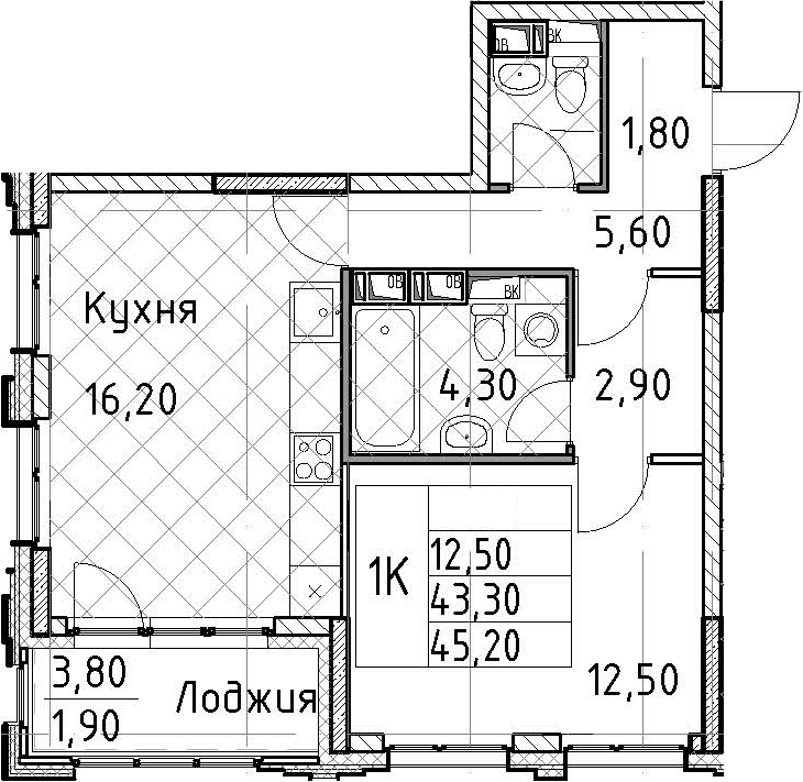 1-комнатная квартира 45.2 м², 4/13 эт., ЖК «Тайм Сквер»